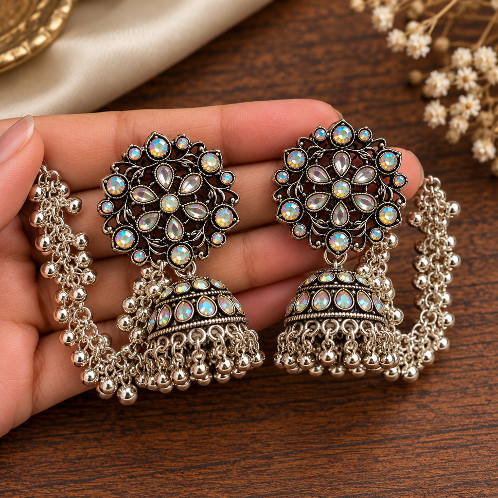 Floral Oxidised Chain Jhumka